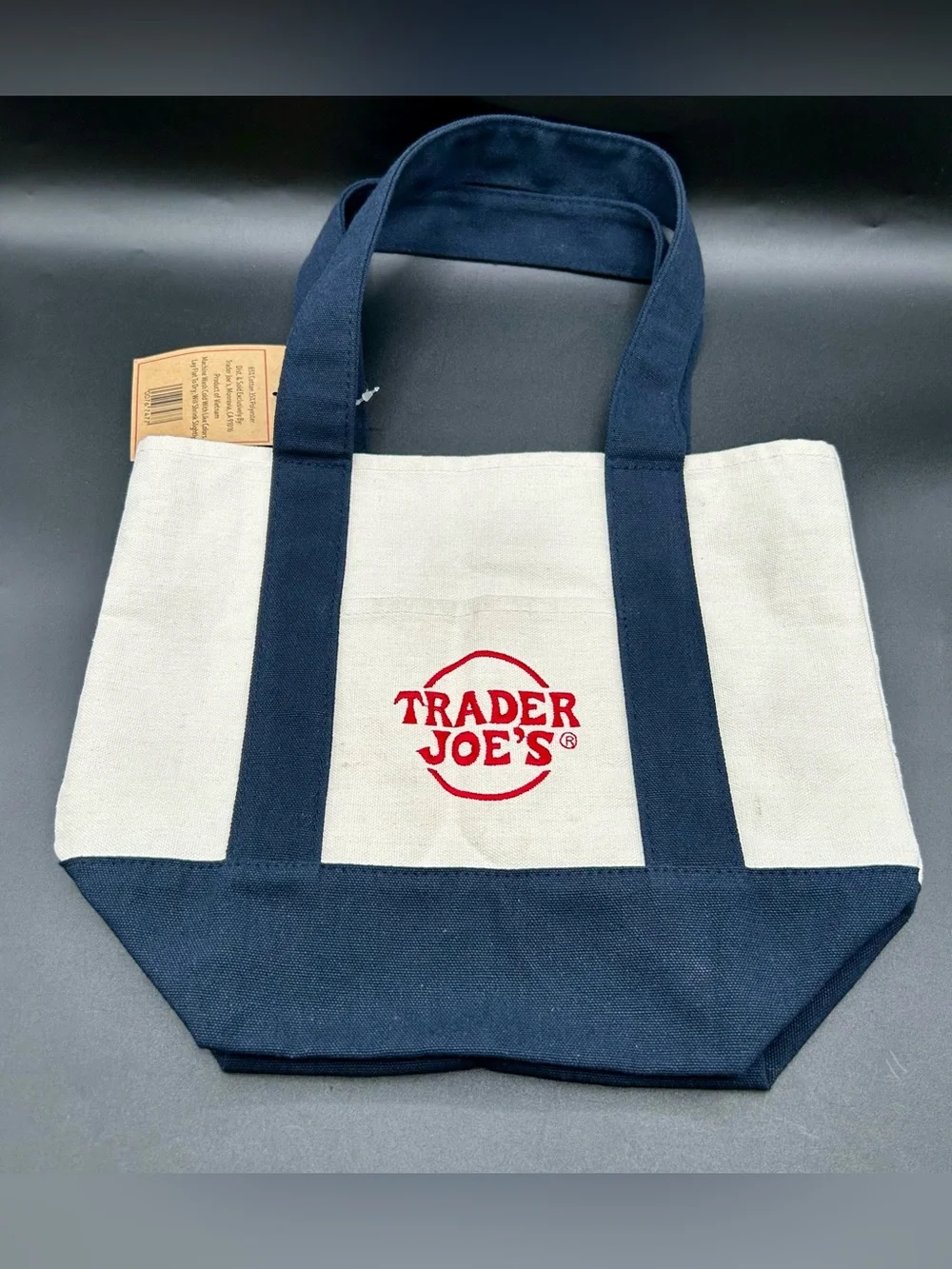 TRADER JOE’S Mini Canvas Tote Bag in Navy Blue.